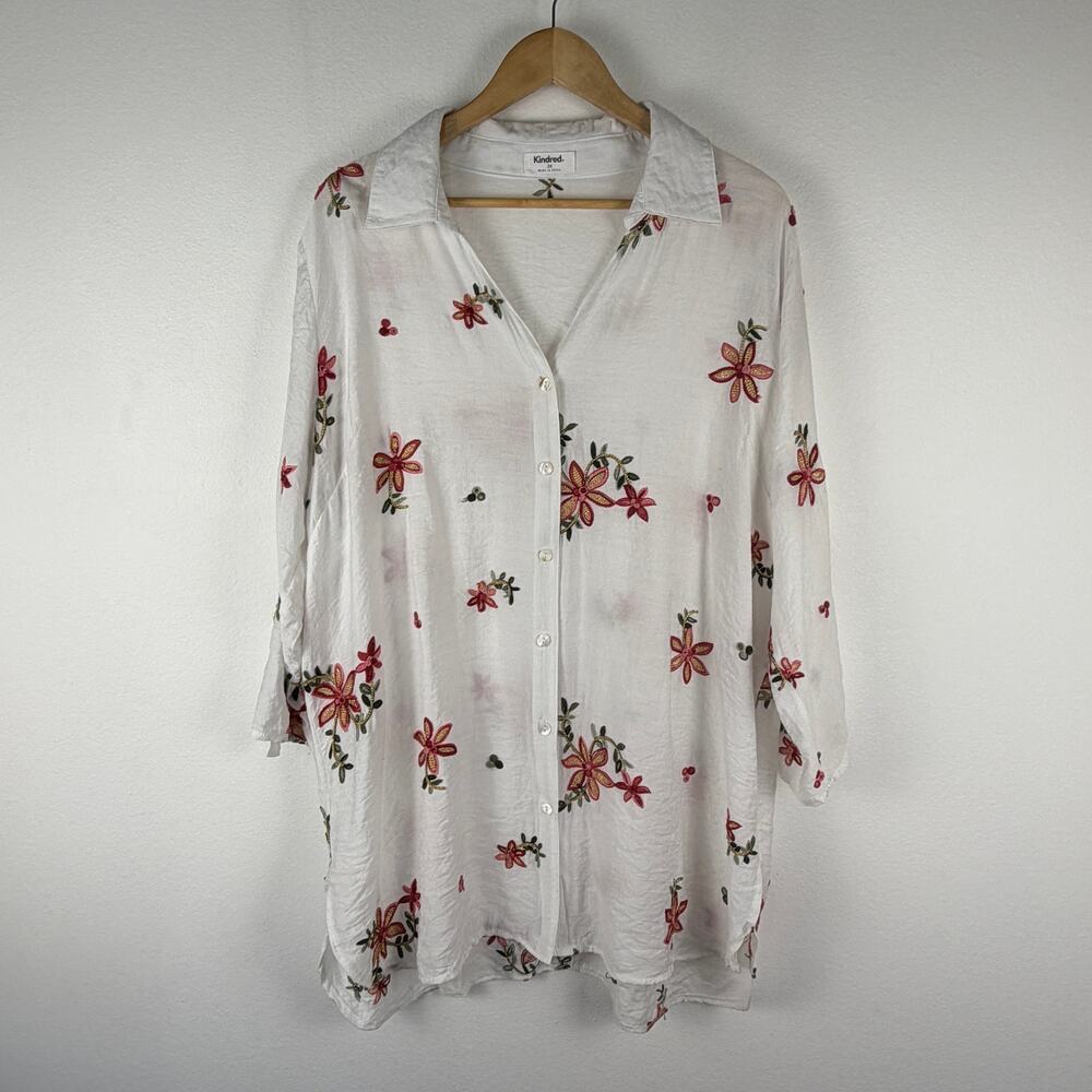 Kindred White Floral Embroidered Tunic Button Down Shirt Women's 3X Bohemian